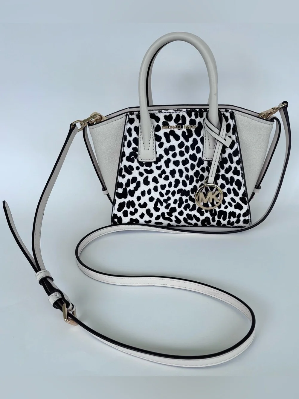 Michael Kors Marilyn Small Satchel Crossbody Leopard Calf Hair Vanilla Leather